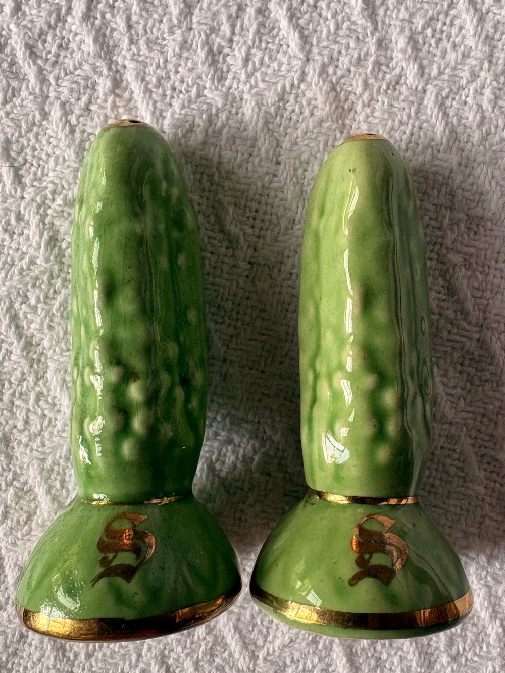 Antique Green Ceramic Cactus or Pickle Salt and Pepper Shakers Gold Trim 1930’s